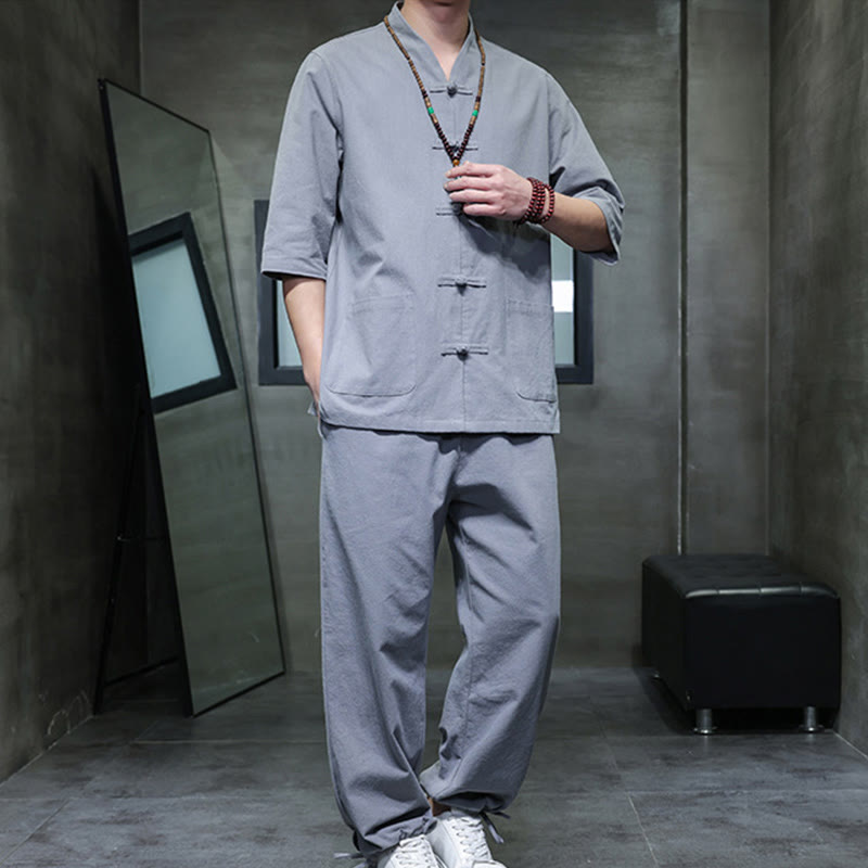 Conjunto de 2 Buddha Stones de traje Tang con diseño de rana y botones, camisa y pantalones con bolsillos, de algodón y lino, para meditación de hombre. - image 31