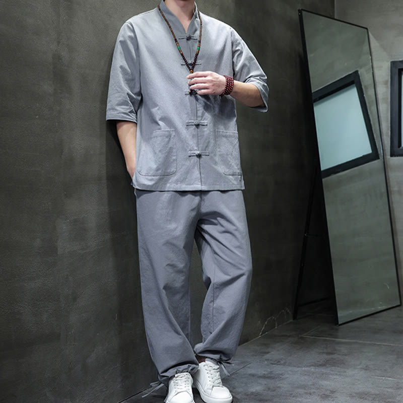 Conjunto de 2 Buddha Stones de traje Tang con diseño de rana y botones, camisa y pantalones con bolsillos, de algodón y lino, para meditación de hombre. - image 33