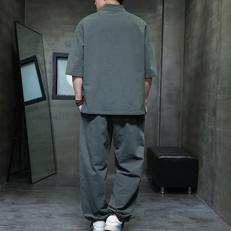 Conjunto de 2 Buddha Stones de traje Tang con diseño de rana y botones, camisa y pantalones con bolsillos, de algodón y lino, para meditación de hombre. - image 2