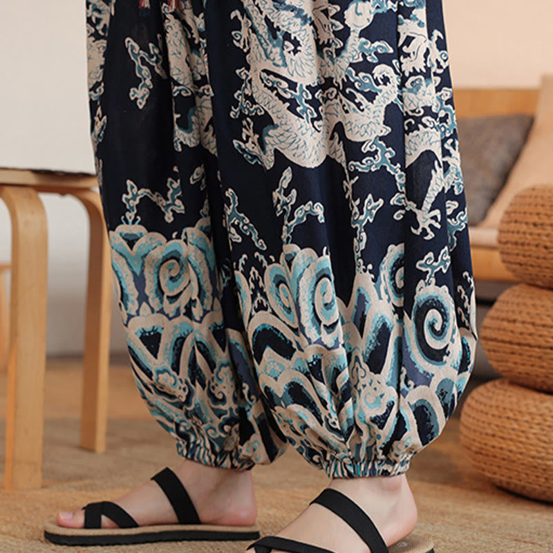 Pantalones harén de algodón con estampado de dragón y Buddha Stones para hombre, hasta el tobillo, con bolsillos - image 9