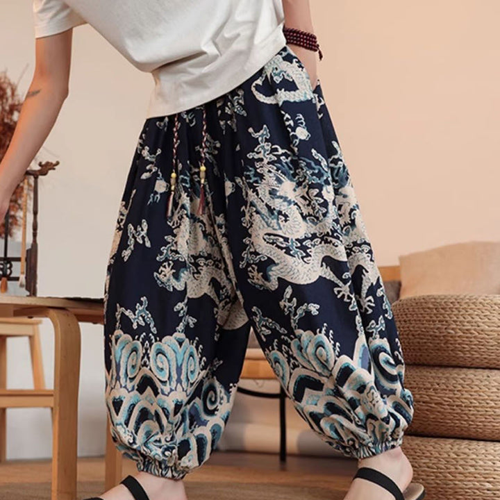 Pantalones harén de algodón con estampado de dragón y Buddha Stones para hombre, hasta el tobillo, con bolsillos - image 5
