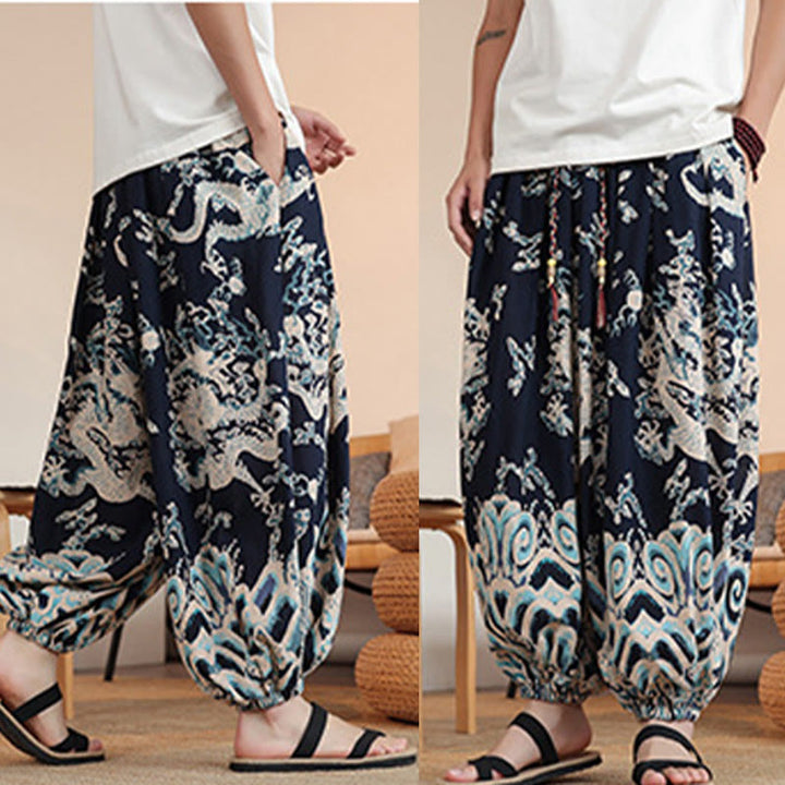 Pantalones harén de algodón con estampado de dragón y Buddha Stones para hombre, hasta el tobillo, con bolsillos - image 10