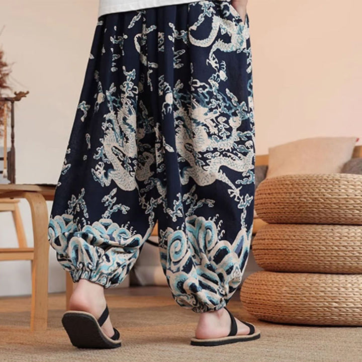 Pantalones harén de algodón con estampado de dragón y Buddha Stones para hombre, hasta el tobillo, con bolsillos - image 3