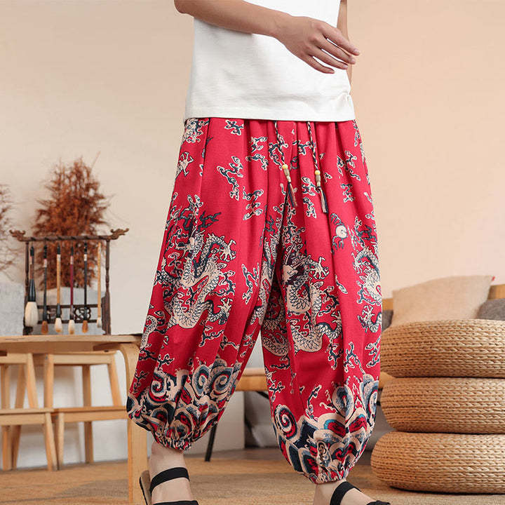 Pantalones harén de algodón con estampado de dragón y Buddha Stones para hombre, hasta el tobillo, con bolsillos - image 13