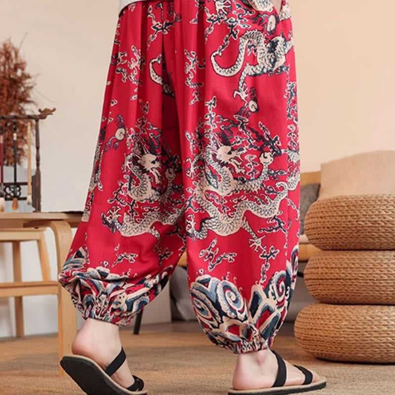 Pantalones harén de algodón con estampado de dragón y Buddha Stones para hombre, hasta el tobillo, con bolsillos - image 15