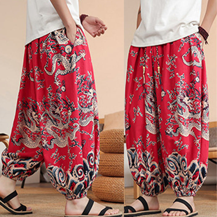 Pantalones harén de algodón con estampado de dragón y Buddha Stones para hombre, hasta el tobillo, con bolsillos - image 19