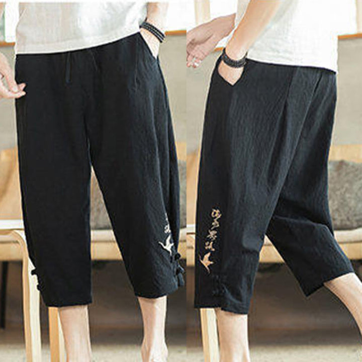 Pantalones harén cortos de algodón con bordado de grullas y Buddha Stones para hombre con bolsillos - image 29