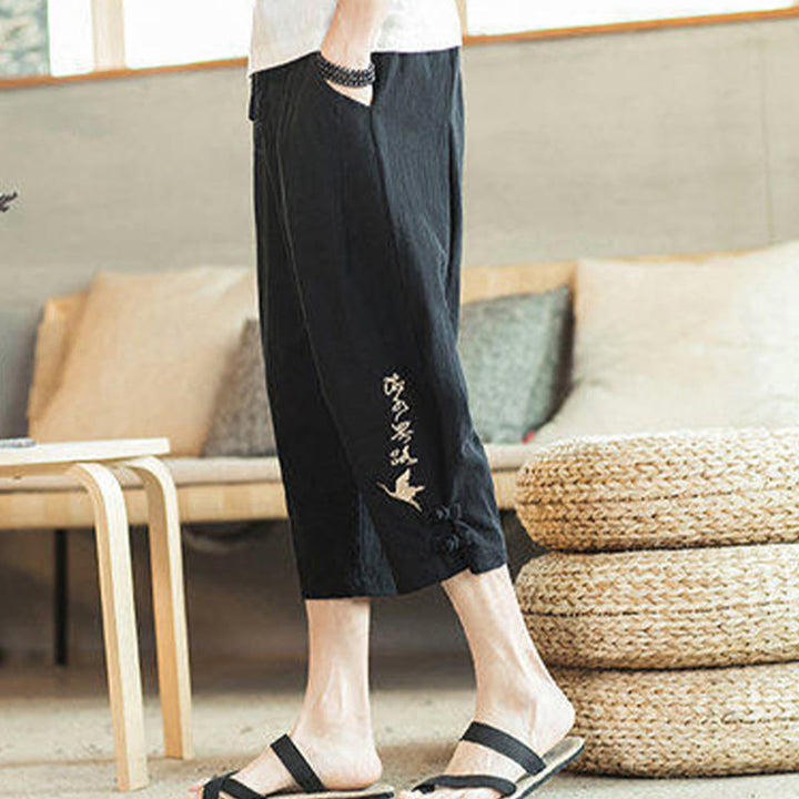Pantalones harén cortos de algodón con bordado de grullas y Buddha Stones para hombre con bolsillos - image 26