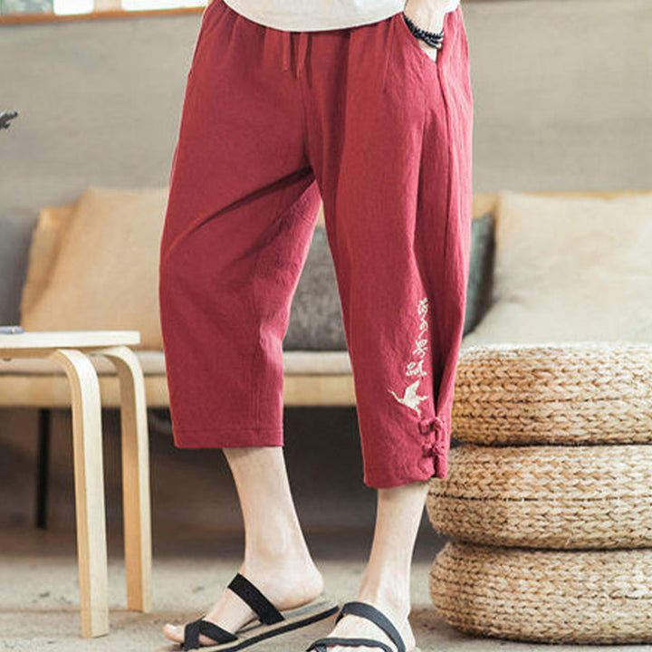 Pantalones harén cortos de algodón con bordado de grullas y Buddha Stones para hombre con bolsillos - image 40