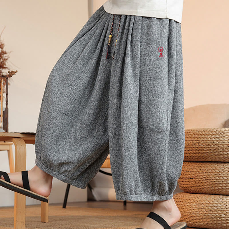 Pantalones harén cortos hasta el tobillo con bordado de personajes de verano de Buddha Stones y cordón ajustable para hombre con bolsillos