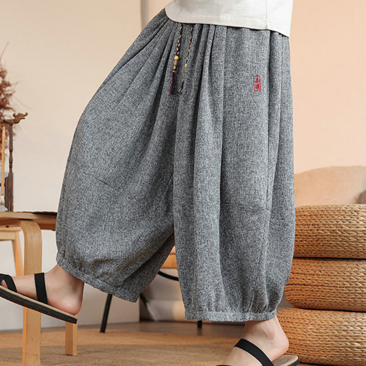 Pantalones harén cortos hasta el tobillo con bordado de personajes de verano de Buddha Stones y cordón ajustable para hombre con bolsillos