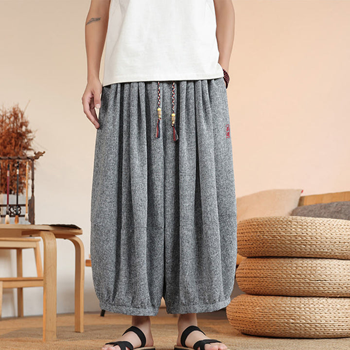 Pantalones harén cortos hasta el tobillo con bordado de personajes de verano de Buddha Stones y cordón ajustable para hombre con bolsillos