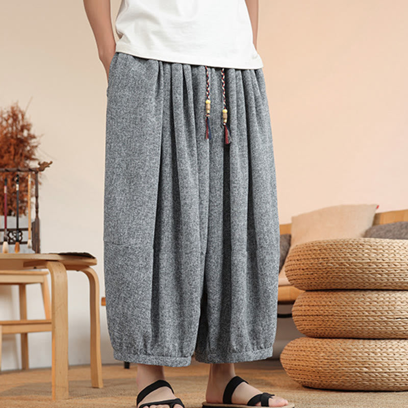 Pantalones harén cortos hasta el tobillo con bordado de personajes de verano de Buddha Stones y cordón ajustable para hombre con bolsillos
