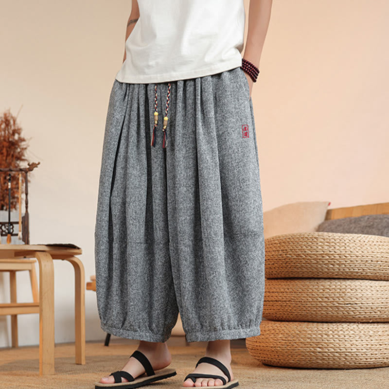 Pantalones harén cortos hasta el tobillo con bordado de personajes de verano de Buddha Stones y cordón ajustable para hombre con bolsillos