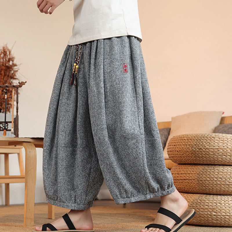 Pantalones harén cortos hasta el tobillo con bordado de personajes de verano de Buddha Stones y cordón ajustable para hombre con bolsillos