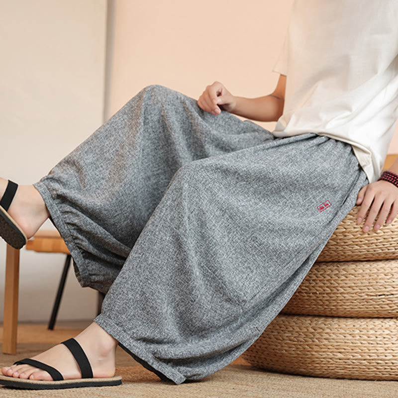 Pantalones harén cortos hasta el tobillo con bordado de personajes de verano de Buddha Stones y cordón ajustable para hombre con bolsillos