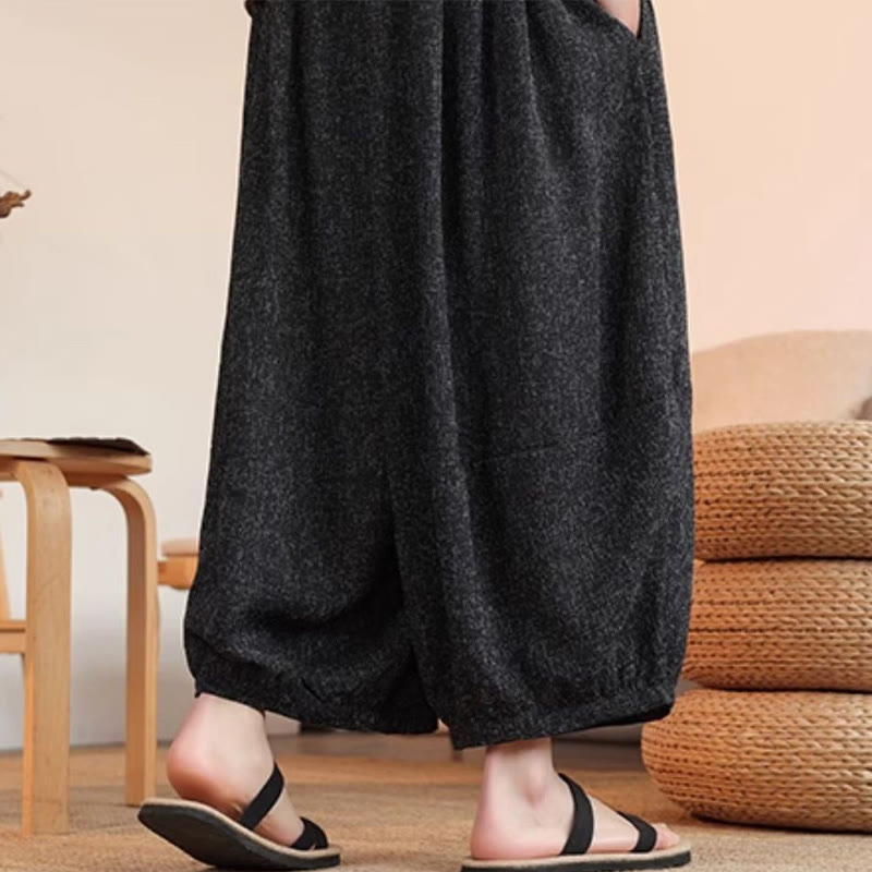 Pantalones harén cortos hasta el tobillo con bordado de personajes de verano de Buddha Stones y cordón ajustable para hombre con bolsillos