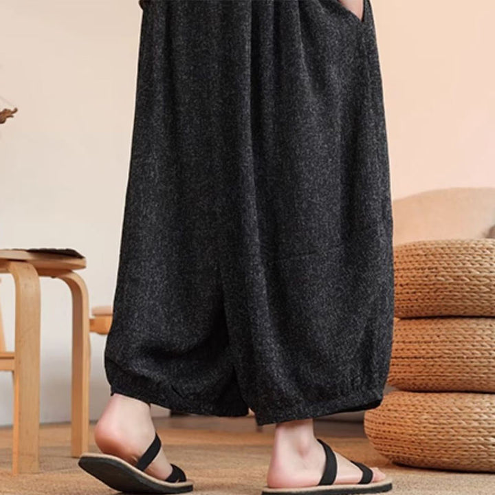 Pantalones harén cortos hasta el tobillo con bordado de personajes de verano de Buddha Stones y cordón ajustable para hombre con bolsillos