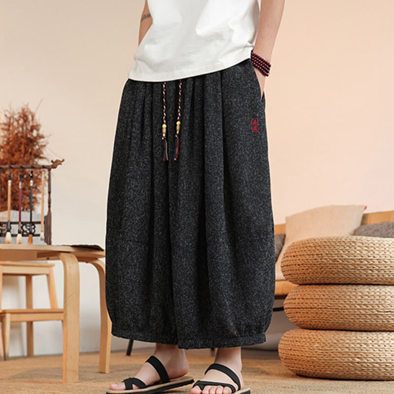 Pantalones harén cortos hasta el tobillo con bordado de personajes de verano de Buddha Stones y cordón ajustable para hombre con bolsillos