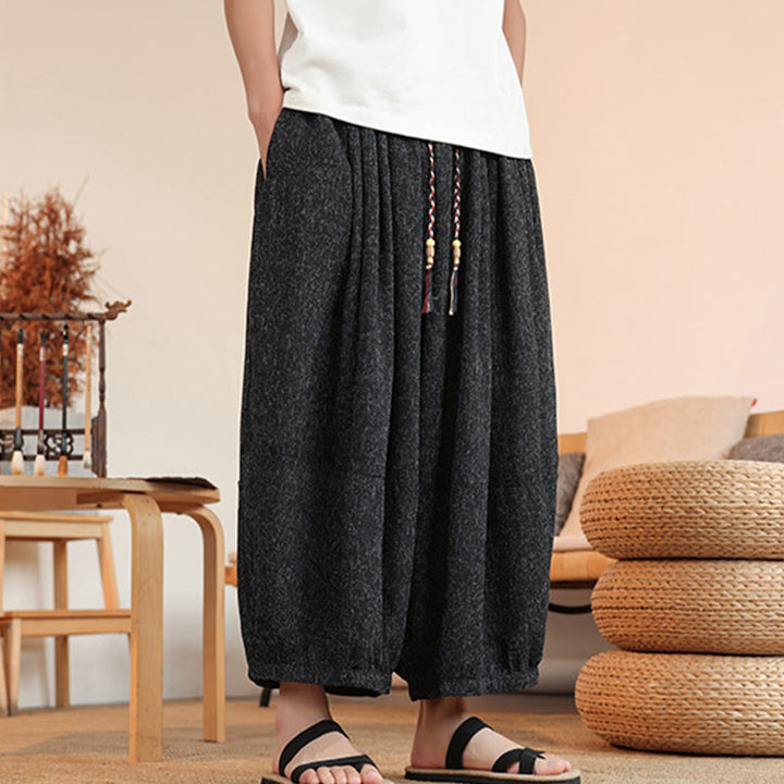 Pantalones harén cortos hasta el tobillo con bordado de personajes de verano de Buddha Stones y cordón ajustable para hombre con bolsillos