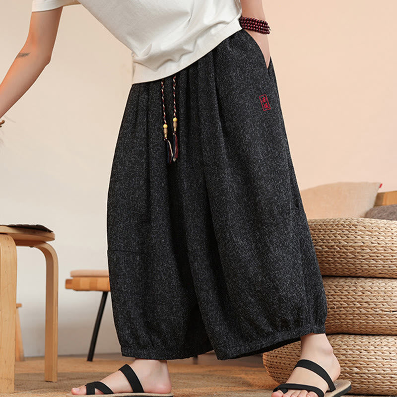 Pantalones harén cortos hasta el tobillo con bordado de personajes de verano de Buddha Stones y cordón ajustable para hombre con bolsillos