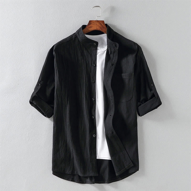 Camisa de lino y algodón de manga corta con botones para hombre, de verano, con estampado de Buddha Stones - Negro - US/UK/AU46, EU56 (5XL) - image 0