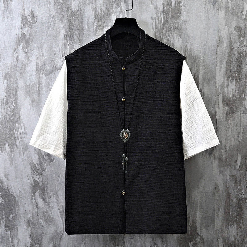 Camisa de lino y algodón de media manga para hombre con diseño de patchwork de verano con Buddha Stones - Negro - US/UK/AU48, EU58 (6XL) - image 3