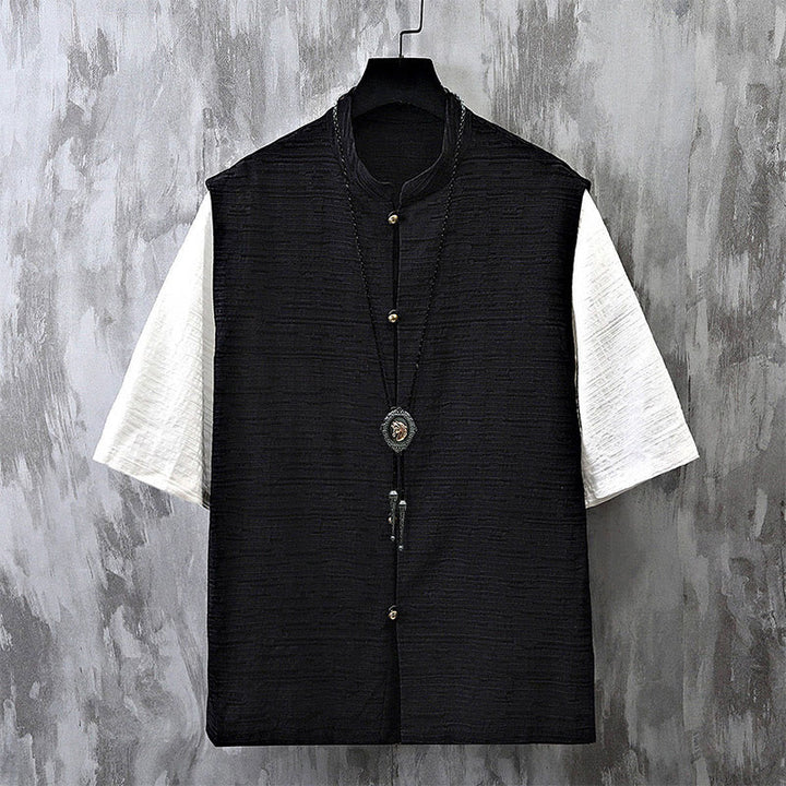 Camisa de lino y algodón de media manga para hombre con diseño de patchwork de verano con Buddha Stones - Negro - US/UK/AU48, EU58 (6XL) - image 2