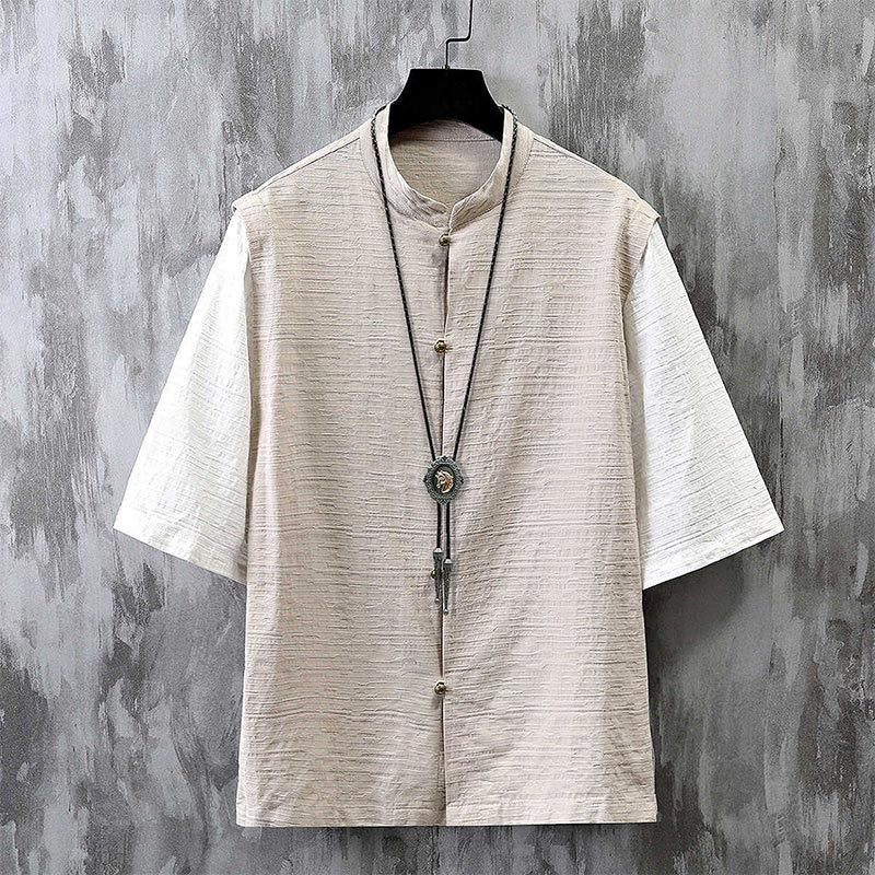 Camisa de lino y algodón de media manga para hombre con diseño de patchwork de verano con Buddha Stones - Lino - US/UK/AU48, EU58 (6XL) - image 1