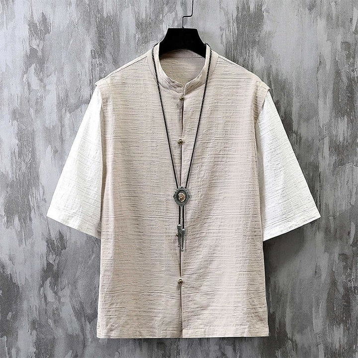 Camisa de lino y algodón de media manga para hombre con diseño de patchwork de verano con Buddha Stones - Lino - US/UK/AU48, EU58 (6XL) - image 0