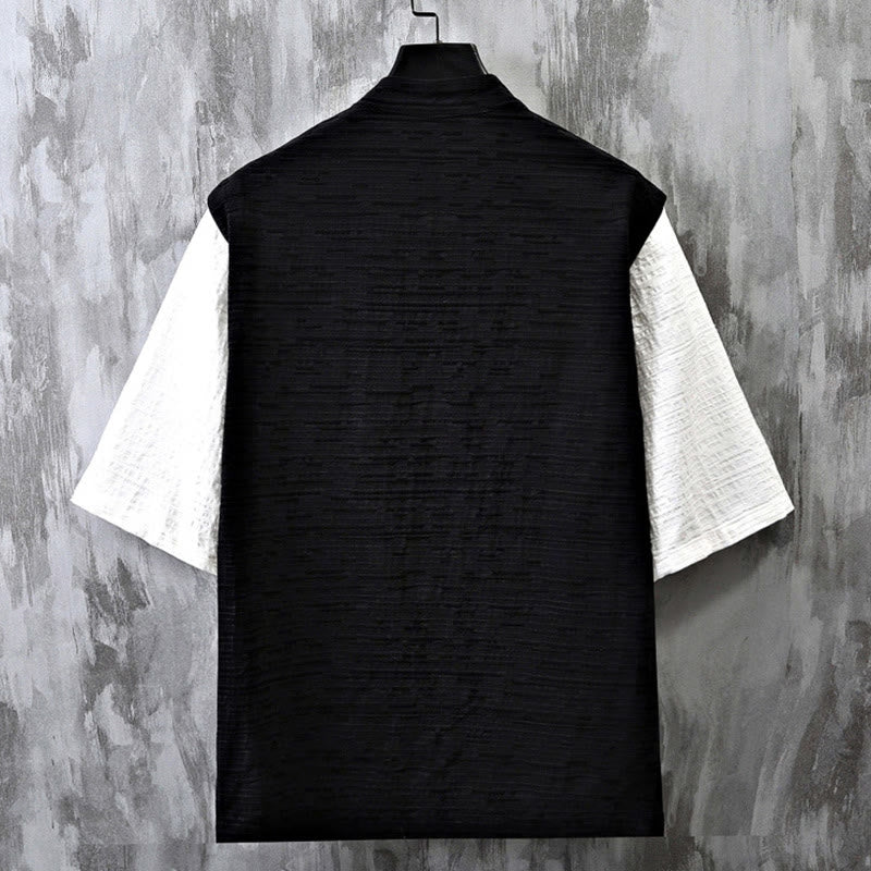 Camisa de lino y algodón de media manga para hombre con diseño de patchwork de verano con Buddha Stones - image 4