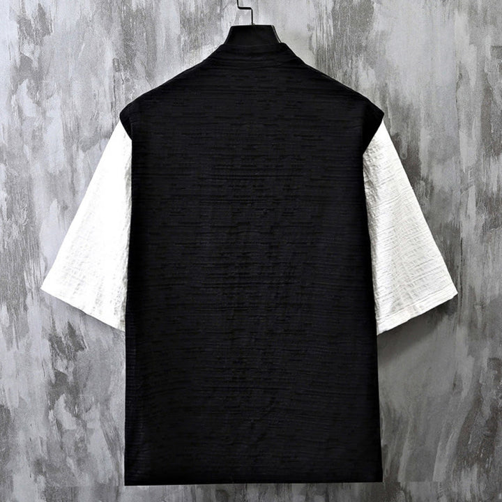 Camisa de lino y algodón de media manga para hombre con diseño de patchwork de verano con Buddha Stones - image 4