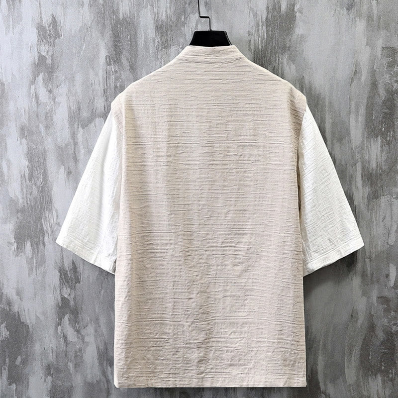 Camisa de lino y algodón de media manga para hombre con diseño de patchwork de verano con Buddha Stones - image 1