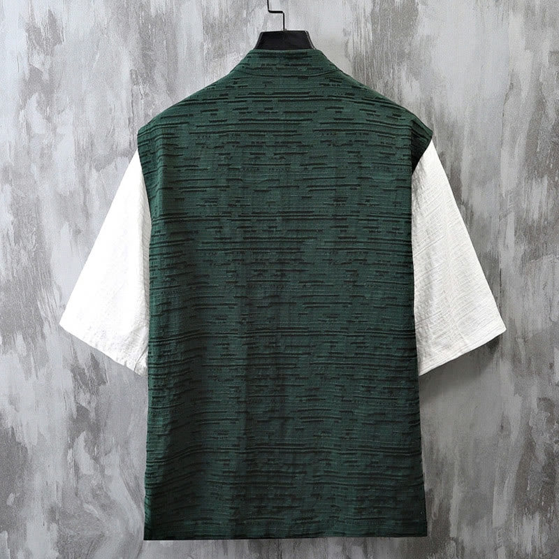 Camisa de lino y algodón de media manga para hombre con diseño de patchwork de verano con Buddha Stones - image 6
