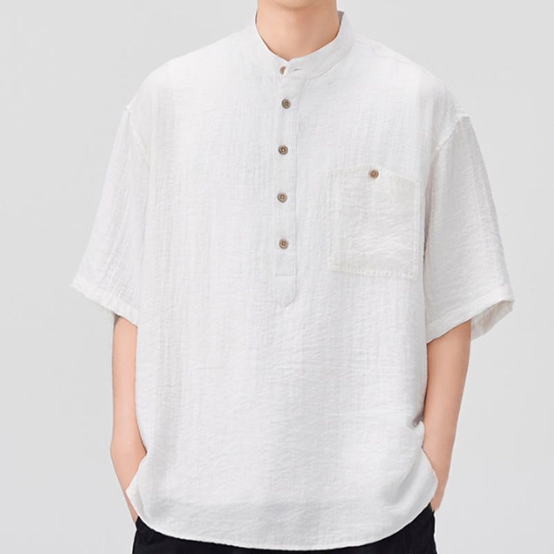 Camisa de media manga para hombre con diseño de botones lisos de verano con Buddha Stones - Blanco - US/UK/AU44, EU54 (4XL) - image 2