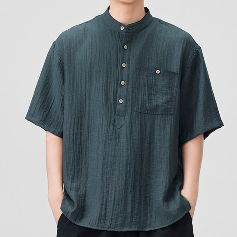Camisa de media manga para hombre con diseño de botones lisos de verano con Buddha Stones - Gris pizarra claro - US/UK/AU44, EU54 (4XL) - image 0