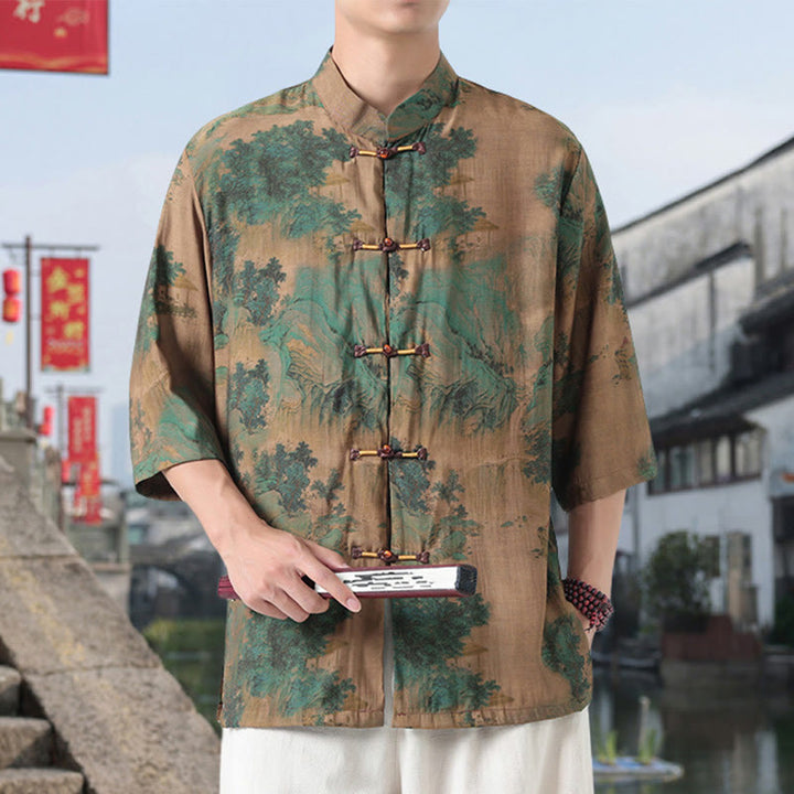 Camisa de lino y algodón de manga corta para hombre, con diseño de Buddha Stones, dragón, nubes auspiciosas, montañas verdes y botones de rana china. - image 7
