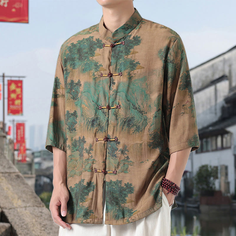 Camisa de lino y algodón de manga corta para hombre, con diseño de Buddha Stones, dragón, nubes auspiciosas, montañas verdes y botones de rana china. - image 10