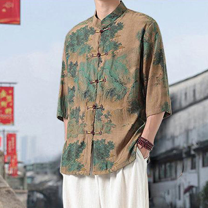 Camisa de lino y algodón de manga corta para hombre, con diseño de Buddha Stones, dragón, nubes auspiciosas, montañas verdes y botones de rana china. - image 9