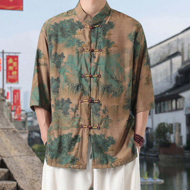 Camisa de lino y algodón de manga corta para hombre, con diseño de Buddha Stones, dragón, nubes auspiciosas, montañas verdes y botones de rana china. - Caqui oscuro - US/UK/AU46, EU56 (5XL) - image 6
