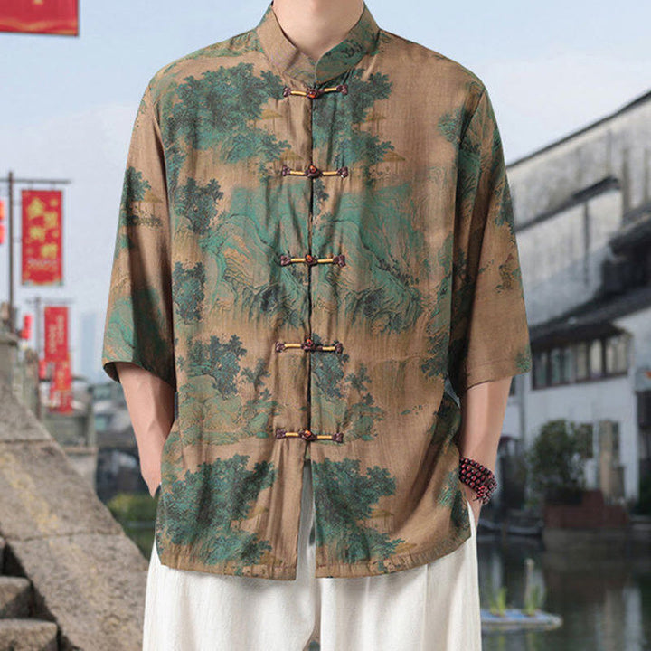Camisa de lino y algodón de manga corta para hombre, con diseño de Buddha Stones, dragón, nubes auspiciosas, montañas verdes y botones de rana china. - Caqui oscuro - US/UK/AU46, EU56 (5XL) - image 6