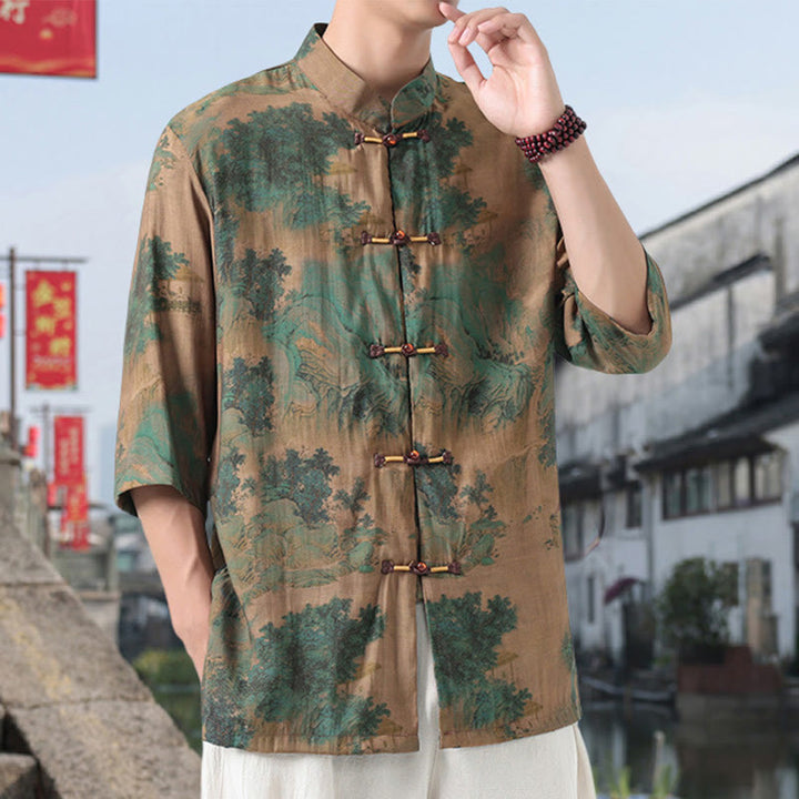 Camisa de lino y algodón de manga corta para hombre, con diseño de Buddha Stones, dragón, nubes auspiciosas, montañas verdes y botones de rana china. - image 8