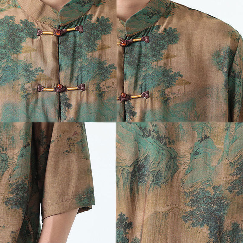 Camisa de lino y algodón de manga corta para hombre, con diseño de Buddha Stones, dragón, nubes auspiciosas, montañas verdes y botones de rana china. - image 13