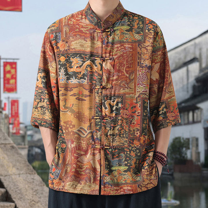 Camisa de lino y algodón de manga corta para hombre, con diseño de Buddha Stones, dragón, nubes auspiciosas, montañas verdes y botones de rana china. - Vara de oro - US/UK/AU46, EU56 (5XL) - image 1
