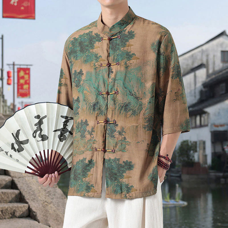 Camisa de lino y algodón de manga corta para hombre, con diseño de Buddha Stones, dragón, nubes auspiciosas, montañas verdes y botones de rana china. - image 12