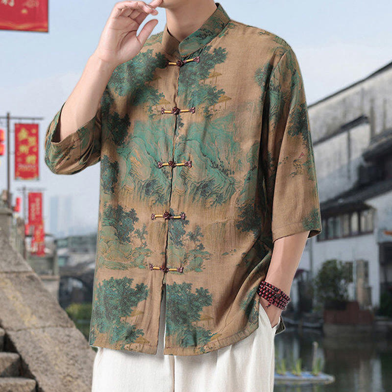 Camisa de lino y algodón de manga corta para hombre, con diseño de Buddha Stones, dragón, nubes auspiciosas, montañas verdes y botones de rana china. - image 11