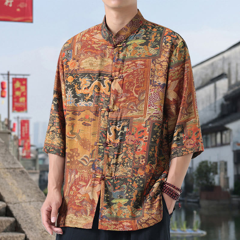 Camisa de lino y algodón de manga corta para hombre, con diseño de Buddha Stones, dragón, nubes auspiciosas, montañas verdes y botones de rana china. - image 4