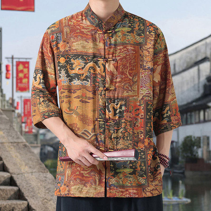 Camisa de lino y algodón de manga corta para hombre, con diseño de Buddha Stones, dragón, nubes auspiciosas, montañas verdes y botones de rana china. - image 2
