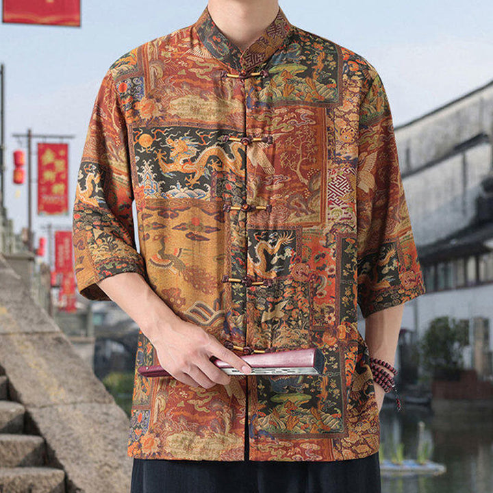 Camisa de lino y algodón de manga corta para hombre, con diseño de Buddha Stones, dragón, nubes auspiciosas, montañas verdes y botones de rana china. - image 2