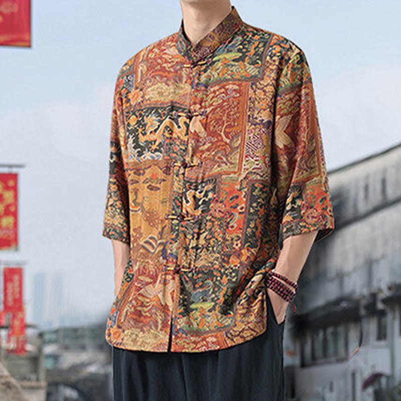 Camisa de lino y algodón de manga corta para hombre, con diseño de Buddha Stones, dragón, nubes auspiciosas, montañas verdes y botones de rana china. - image 5